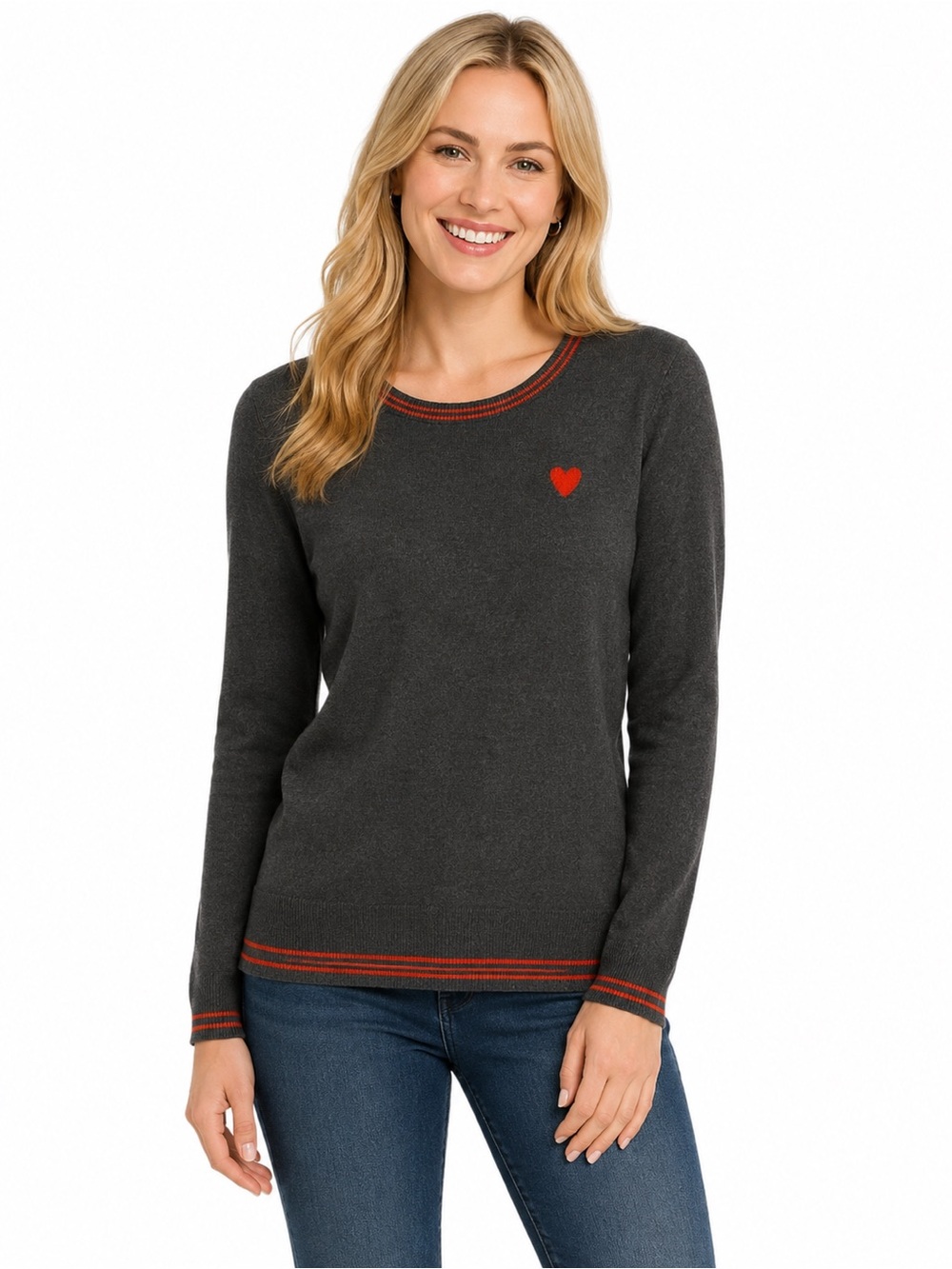 Charcoal Heart-Embroidered Crewneck Sweater - Women - 1011